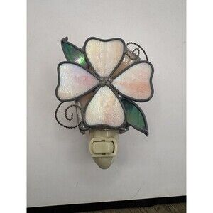 Vintage Stained Glass Night Light 4.5" Pink Flower Surrounded By Iridescent Leaf